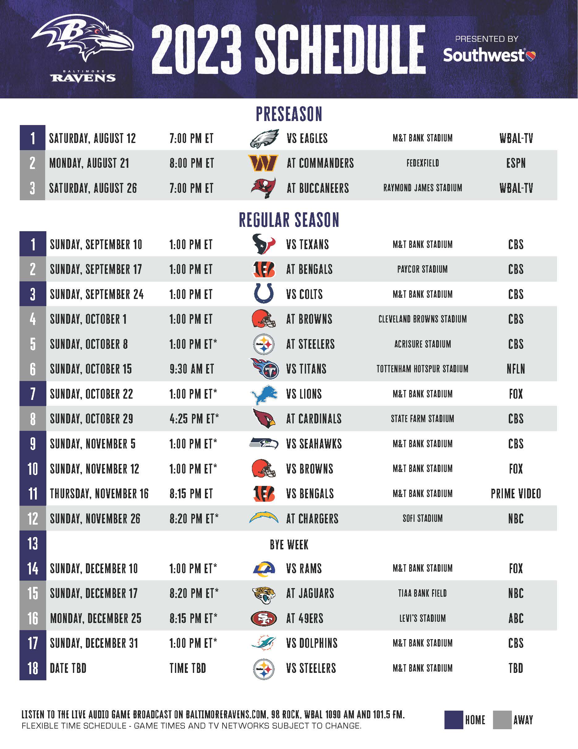 Baltimore Ravens 2023 Season Printable Schedule Maryland Stadium Authority